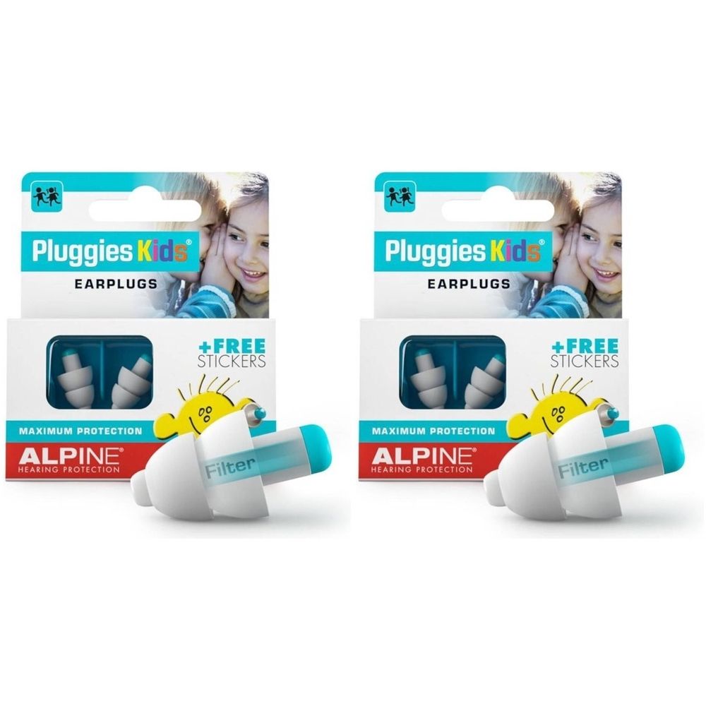 Deux boîtes de bouchons d'oreille Alpine Pluggies Kids. Bouchons blancs avec filtre bleu et boîte de rangement. Emballage avec texte et illustrations.