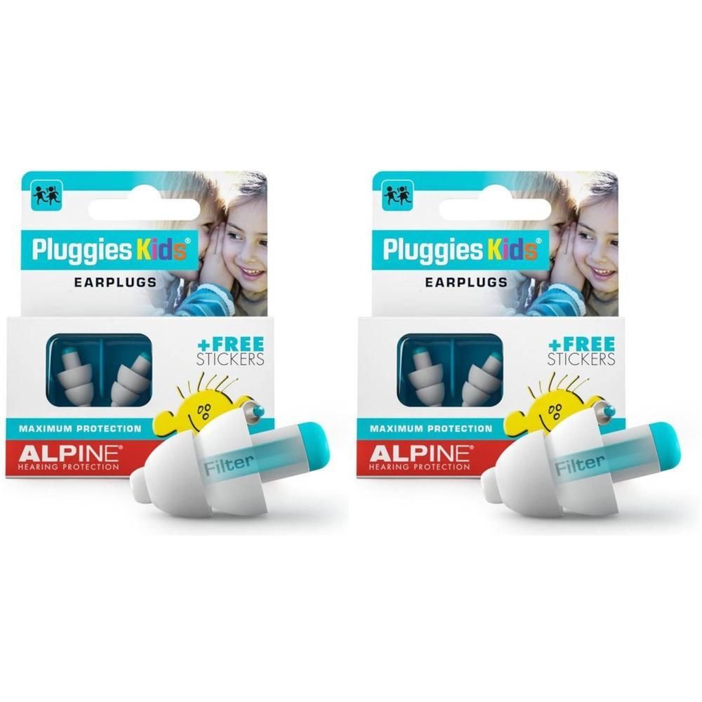 Deux boîtes de bouchons d'oreille Alpine Pluggies Kids. Bouchons blancs avec filtre bleu et boîte de rangement. Emballage avec texte et illustrations.