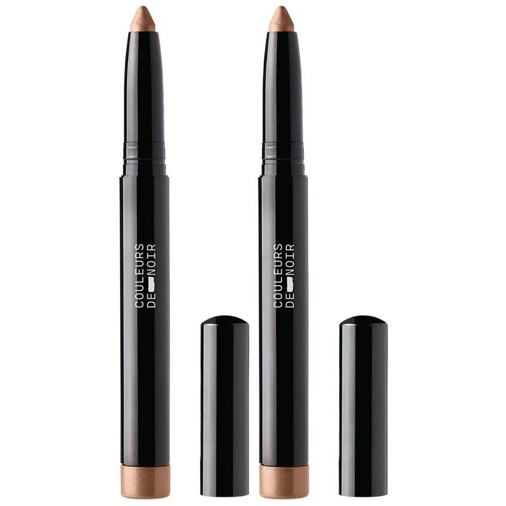 Deux stylos Les Couleurs de Noir. Corps noir, pointes bronze. Bouchons à côté. Inscription: Les Couleurs de Noir.