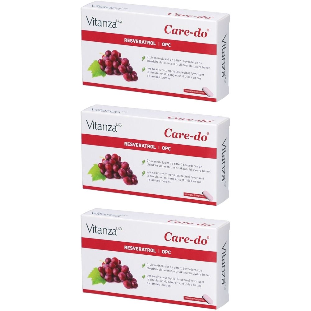 Trois boîtes blanches avec texte rouge et illustration de raisins. Inscription : Care-do, Vitanza, Resveratrol OPC.