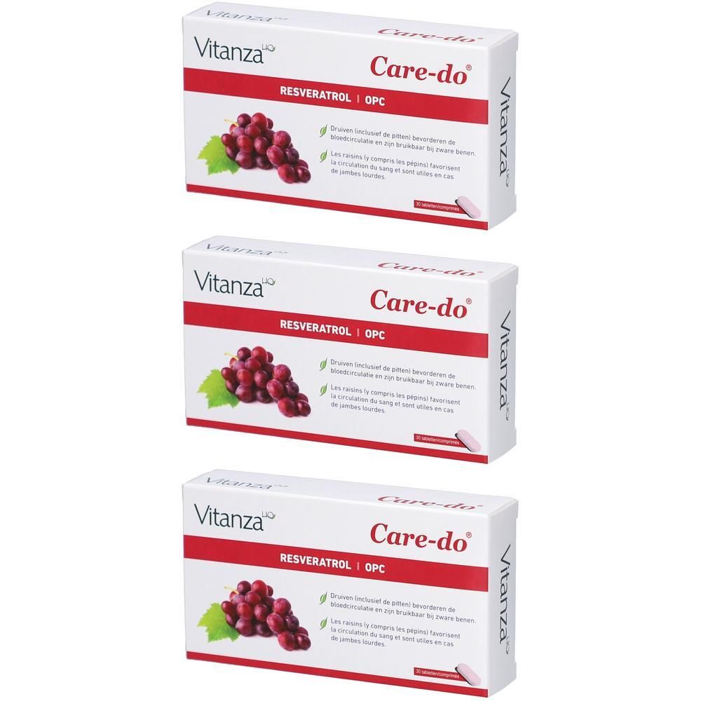 Trois boîtes blanches avec texte rouge et illustration de raisins. Inscription : Care-do, Vitanza, Resveratrol OPC.