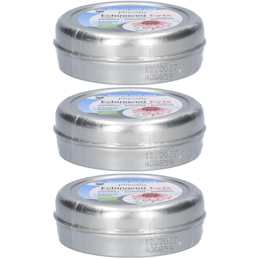 Trois boîtes rondes en métal avec inscription Echinacea Forte.