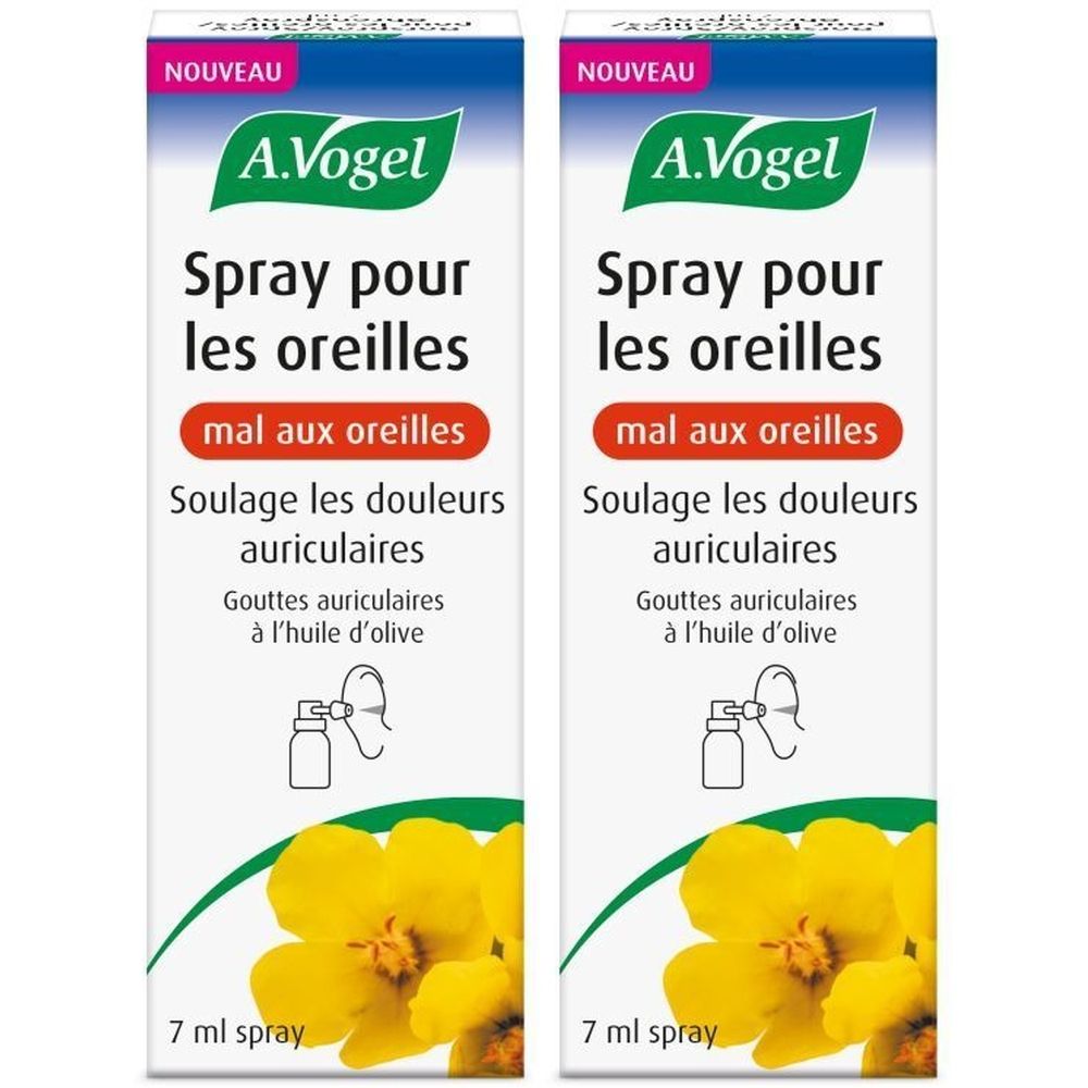 Deux emballages blancs. Inscription: A. Vogel Spray pour les oreilles mal aux oreilles, 7 ml. Fleurs jaunes.