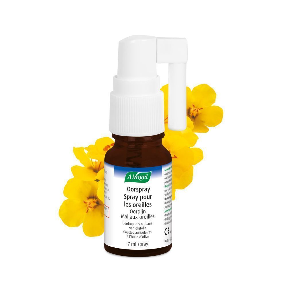 Flacon en verre brun avec pulvérisateur blanc. Fleurs jaunes en arrière-plan. Inscription: A. Vogel Oorspray Spray pour les oreilles, 7 ml.