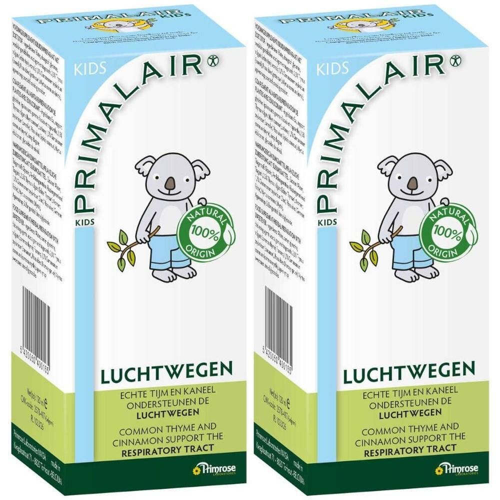 Deux boîtes PRIMALAIR Kids. Illustration d'un koala, texte "NATURAL 100% ORIGIN". Texte: "LUCHTWEGEN".