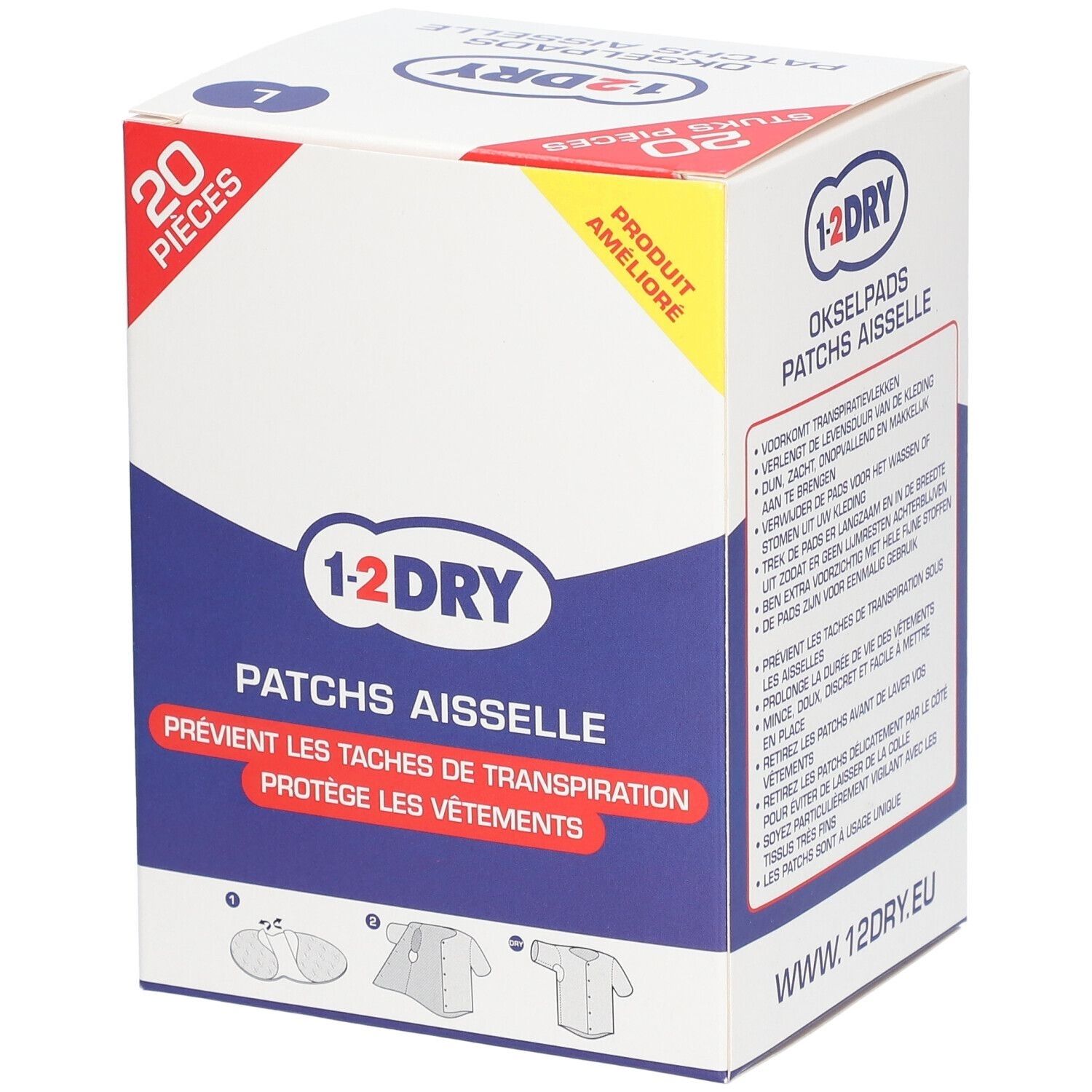 Boîte de 1-2 DRY Patchs aisselles. Contient 20 pièces. Logo et nom du produit visibles. Design blanc et bleu.