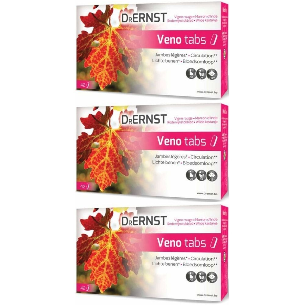 Trois boîtes de Dr. Ernst Veno tabs. Chaque boîte présente une feuille de vigne rouge. Texte: Veno tabs, Jambes légères, Circulation.