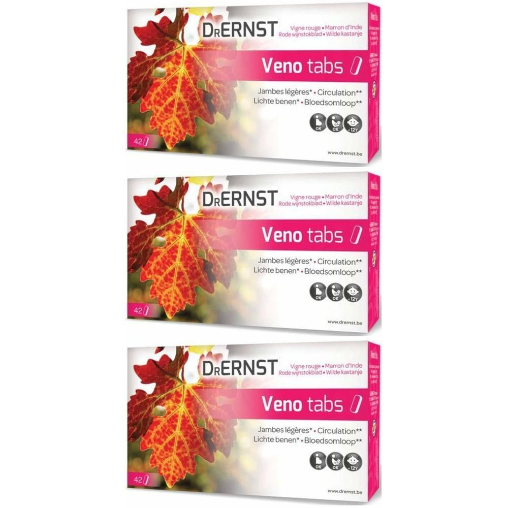 Trois boîtes de Dr. Ernst Venotabs. Chaque boîte présente une feuille de vigne rouge. Texte : Veno tabs, Jambes légères, Circulation.