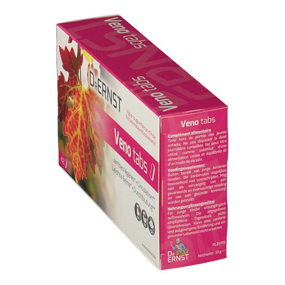 Boîte de Dr. Ernst Venotabs. La boîte présente une feuille de vigne rouge. Texte : Veno tabs, Jambes légères, Circulation. Avec texte en français.
