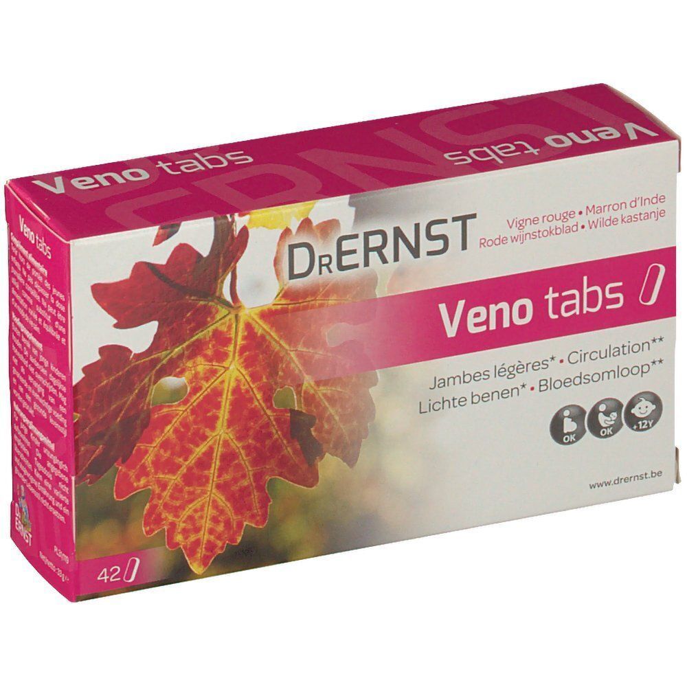 Boîte de Dr. Ernst Venotabs. La boîte présente une feuille de vigne rouge. Texte : Veno tabs, Jambes légères, Circulation.