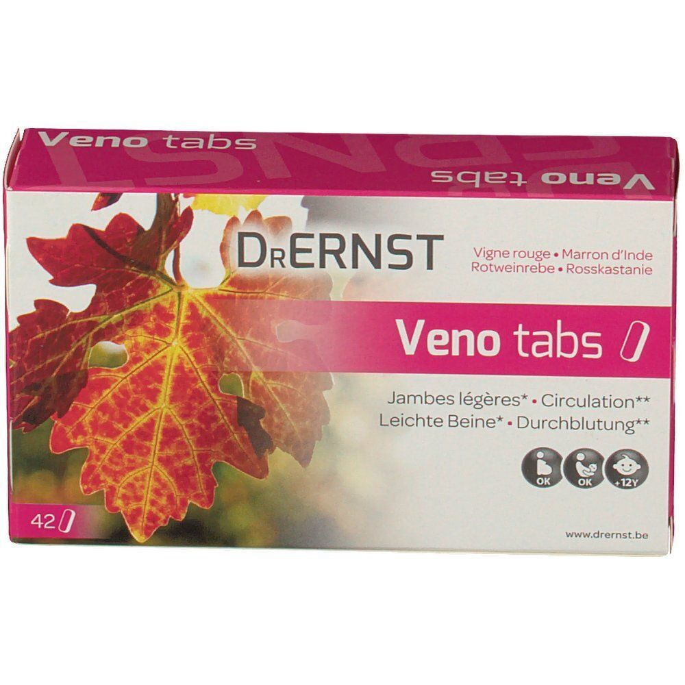 Boîte de Dr. Ernst Venotabs. La boîte présente une feuille de vigne rouge. Texte : Veno tabs, Jambes légères, Circulation.