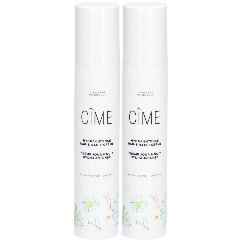 Deux flacons blancs avec logo Cîme et texte. Inscription: Hydra-Intense Crème Jour & Nuit. Décor floral.