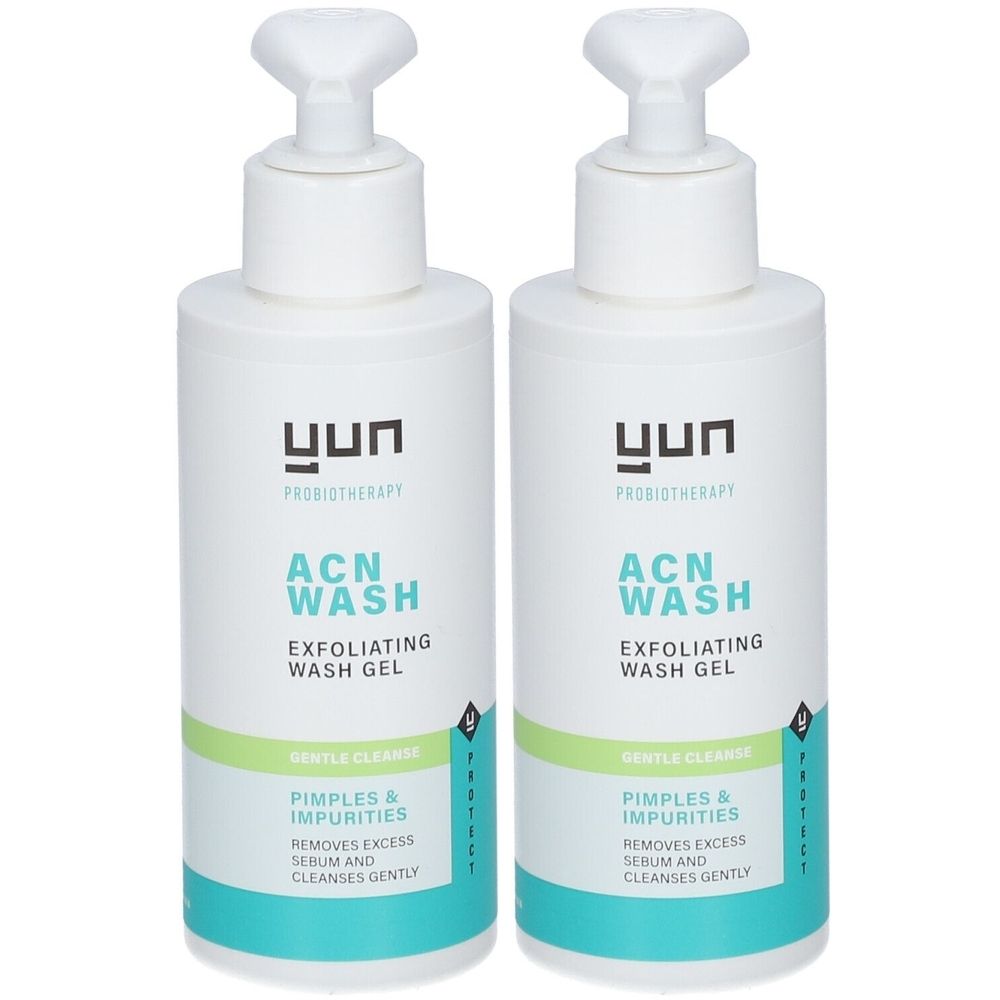 Deux flacons blancs avec pompe. Inscription: YUN ACN WASH, EXFOLIATING WASH GEL. Élimine en douceur les impuretés.