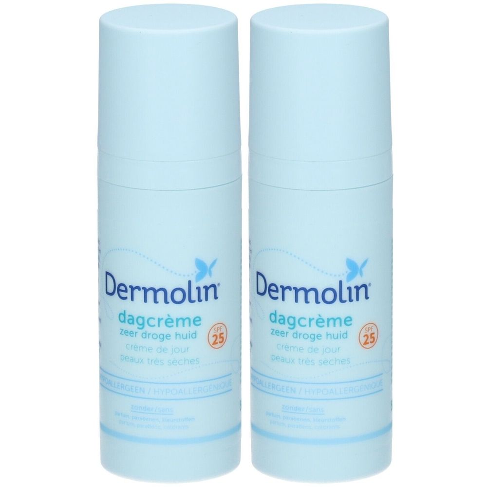 Deux tubes bleus de crème de jour Dermolin. Texte: dagcrème, crème de jour, SPF 25. Pour peaux très sèches.