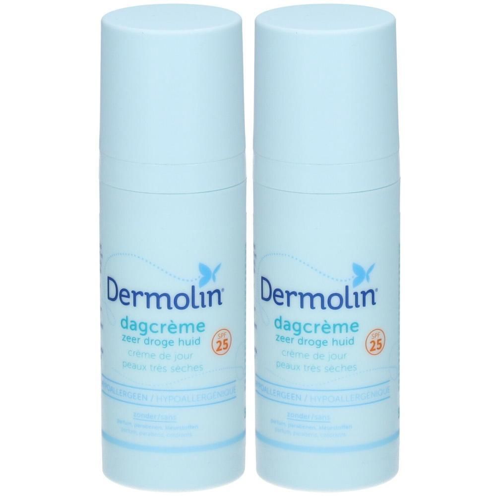 Deux tubes bleus de crème de jour Dermolin. Texte: dagcrème, crème de jour, SPF 25. Pour peaux très sèches.