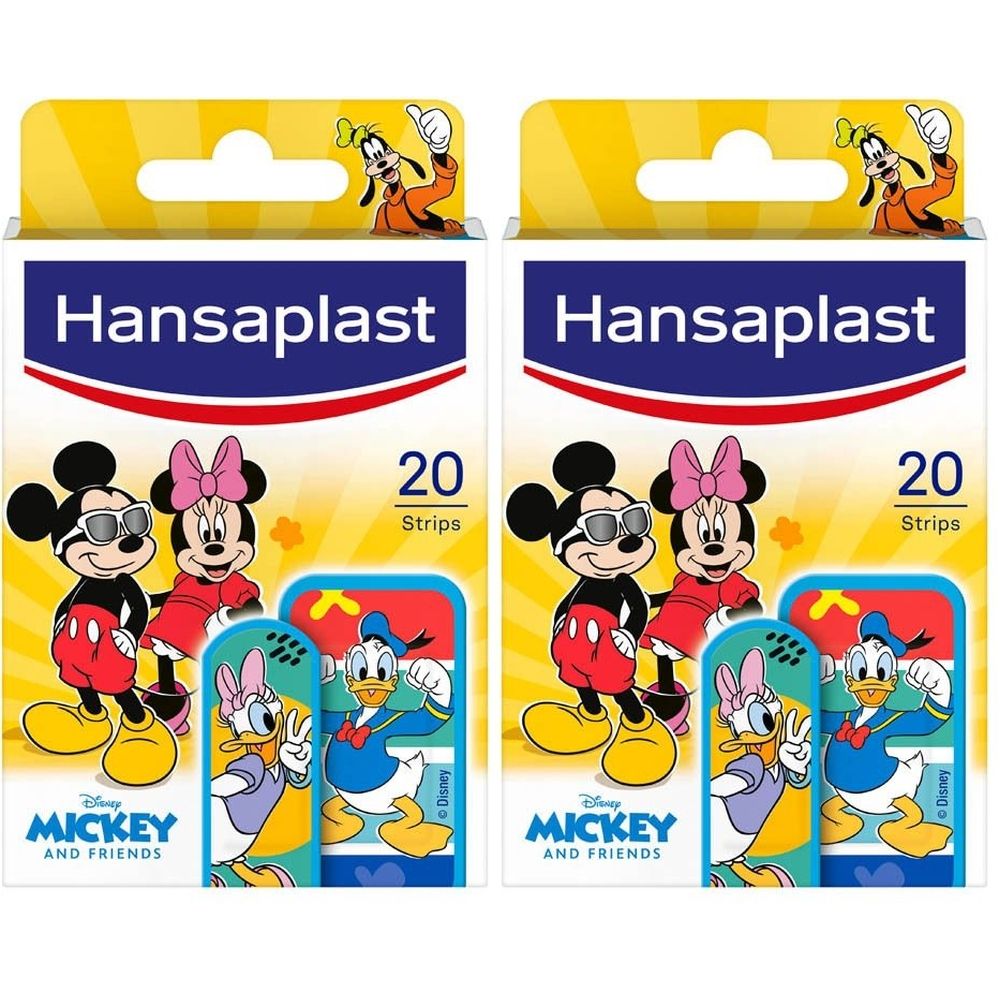 Deux boîtes de pansements Hansaplast Mickey & Friends. Chaque boîte contient 20 strips. Mickey, Minnie, Donald et Dingo sur fond jaune.