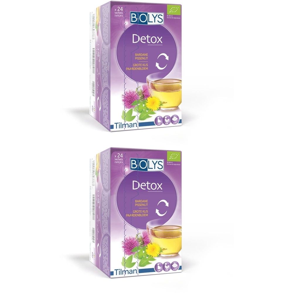 Deux boîtes BIOLYS Detox. Emballage violet avec nom du produit et image d'une tasse de thé. Label bio.