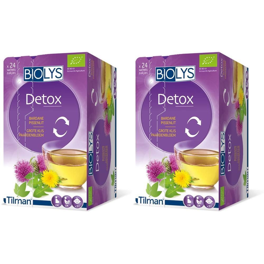 Deux boîtes BIOLYS Detox. Emballage violet avec nom du produit et image d'une tasse de thé. Label bio.