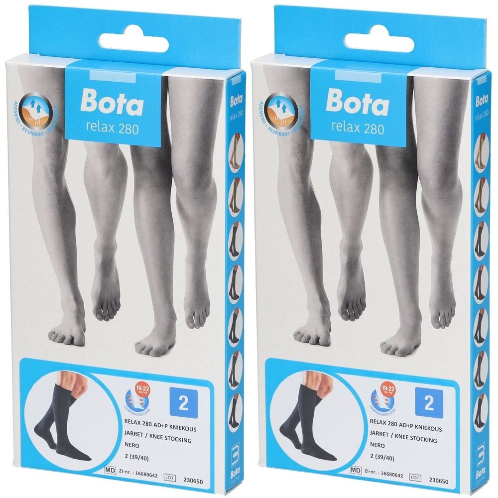 Deux boîtes de bas genou. Inscription: Bota relax 280, Nero, taille 2 (39/40).