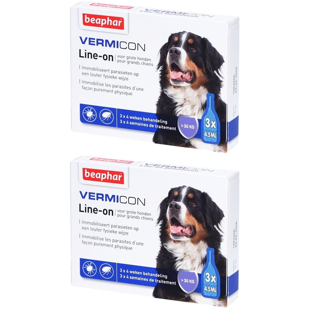 Boîte de beaphar® VERMICON Line-on. Contient 3 doses pour chiens de plus de 30 kg. Image d'un chien sur l'emballage.