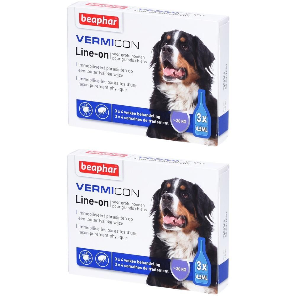Boîte de beaphar® VERMICON Line-on. Contient 3 doses pour chiens de plus de 30 kg. Image d'un chien sur l'emballage.