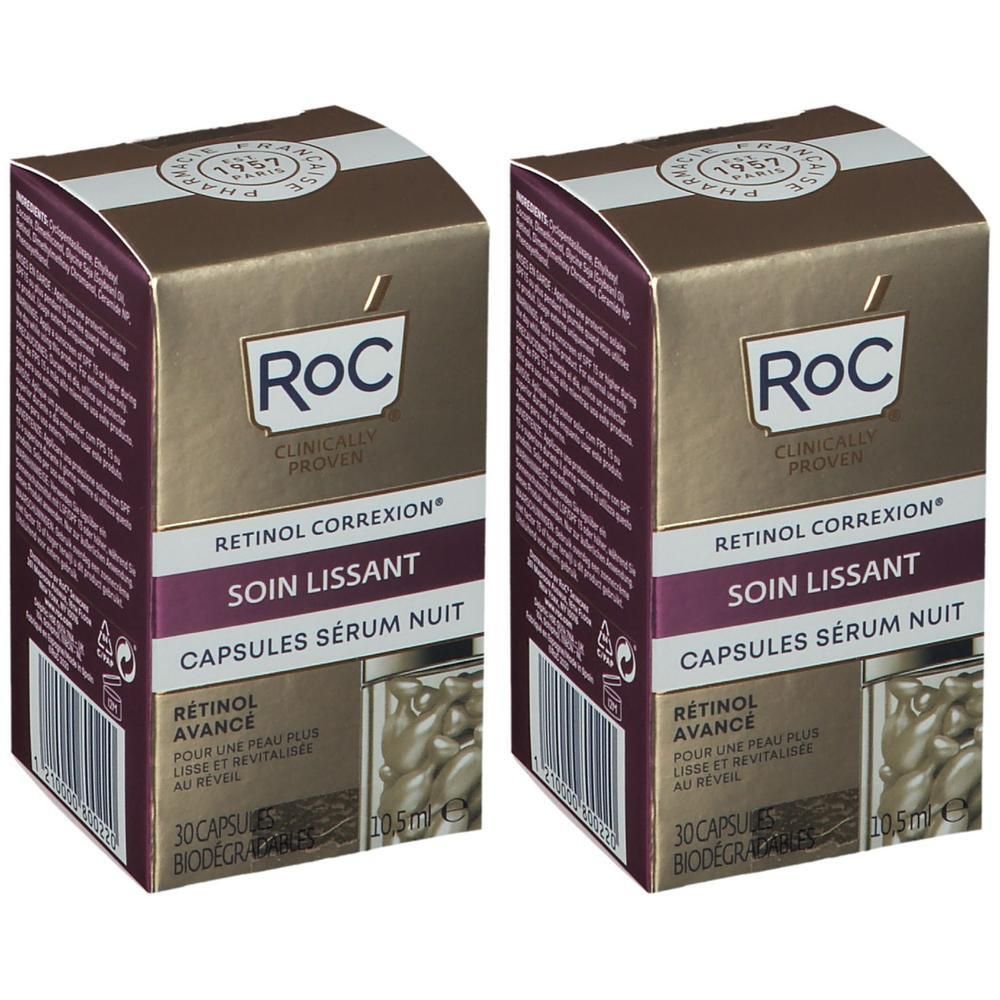 Deux boîtes de capsules de sérum de nuit RoC Retinol Correxion. Emballage doré avec des accents violets et le nom du produit.