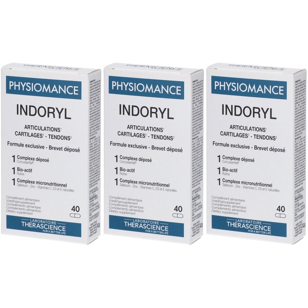Trois boîtes de PHYSIOMANCE Indoryl. Inscription: ARTICULATIONS CARTILAGES TENDONS. Contient 40 gélules.