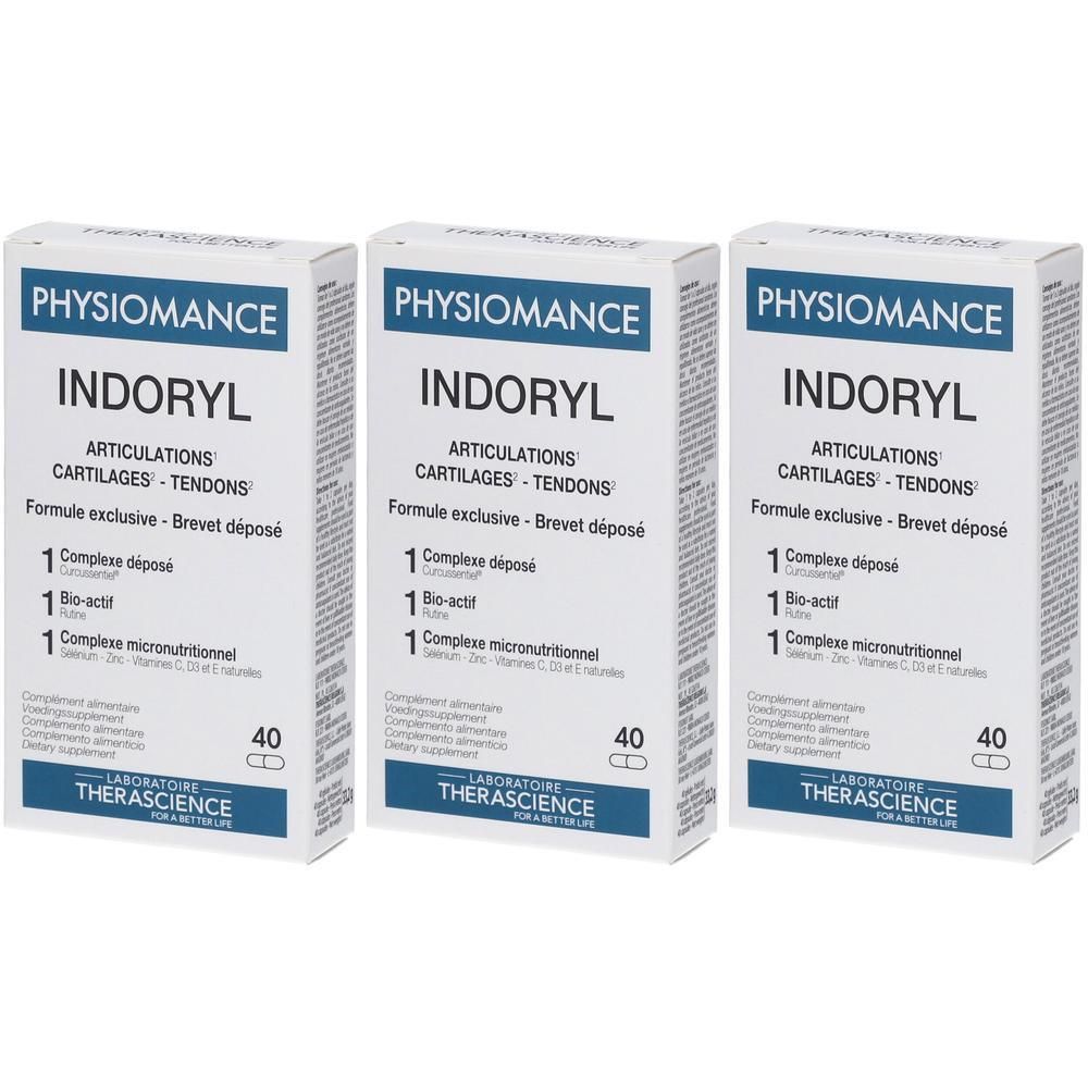 Trois boîtes de PHYSIOMANCE Indoryl. Emballage blanc avec texte bleu et noir. Contient 40 gélules. Marque et nom du produit visibles.