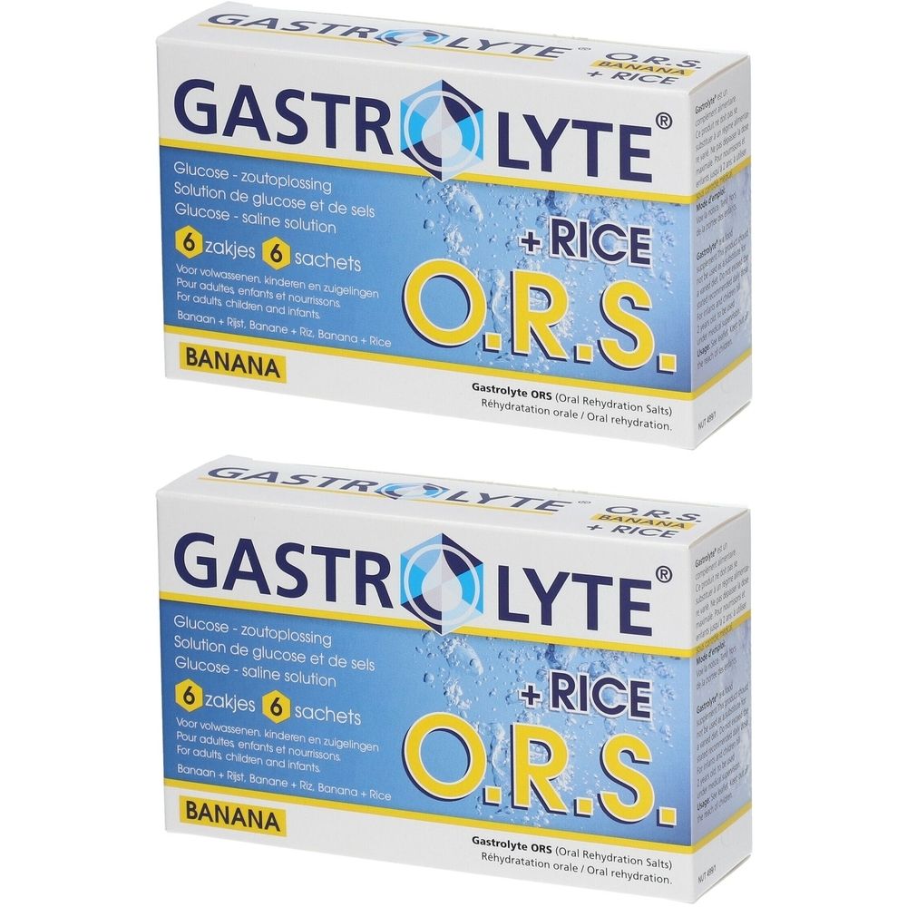 Deux boîtes de Gastrolyte + Rice O.R.S. saveur banane. Inscription : Glucose, 6 sachets.