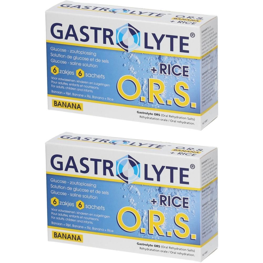 Deux boîtes de Gastrolyte + Rice O.R.S. saveur banane. Inscription : Glucose, 6 sachets.