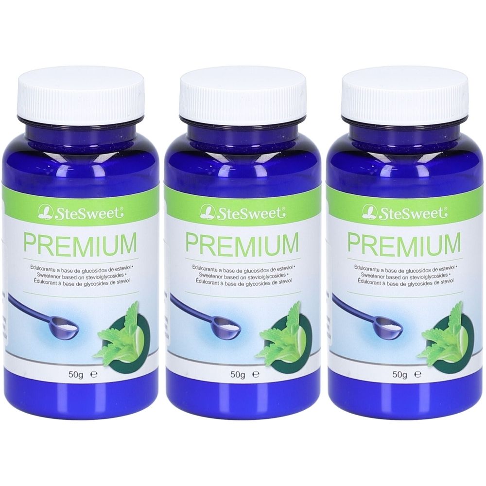 Trois flacons bleus avec des couvercles blancs. L'étiquette indique "SteSweet Premium". Un dessin de cuillère et de feuille de menthe est visible.