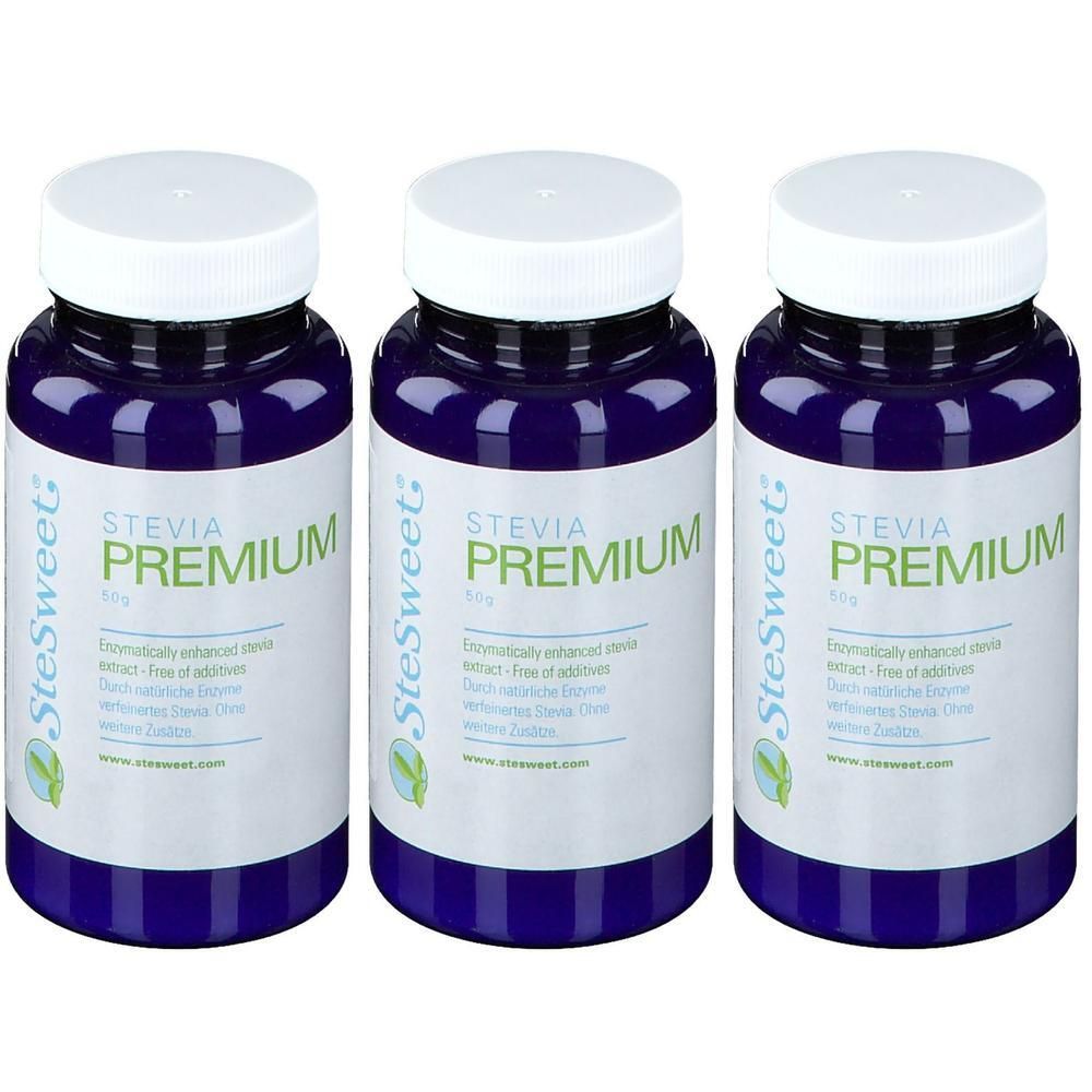 Trois flacons bleus avec couvercles blancs. Étiquette "SteSweet Stevia Premium". Texte : "Extrait de stévia amélioré par enzyme".