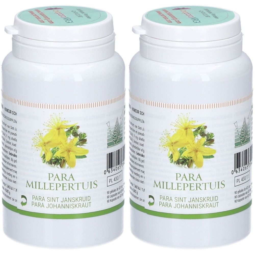 Deux flacons blancs avec étiquettes vertes. Texte: Para Millepertuis, complément alimentaire. Fleurs jaunes.