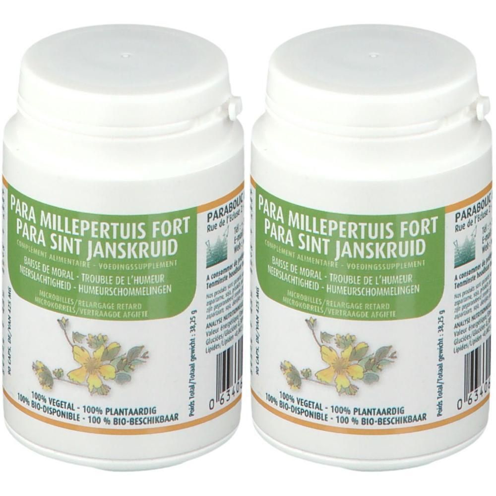Deux flacons blancs avec étiquettes vertes. Texte: Para Millepertuis Fort, complément alimentaire. Fleurs jaunes visibles.