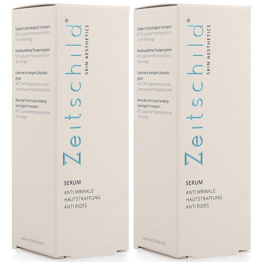 Deux boîtes blanches avec impression du produit. Inscription : Zeitschild Skin Aesthetics Sérum Anti-Rides. Texte turquoise.
