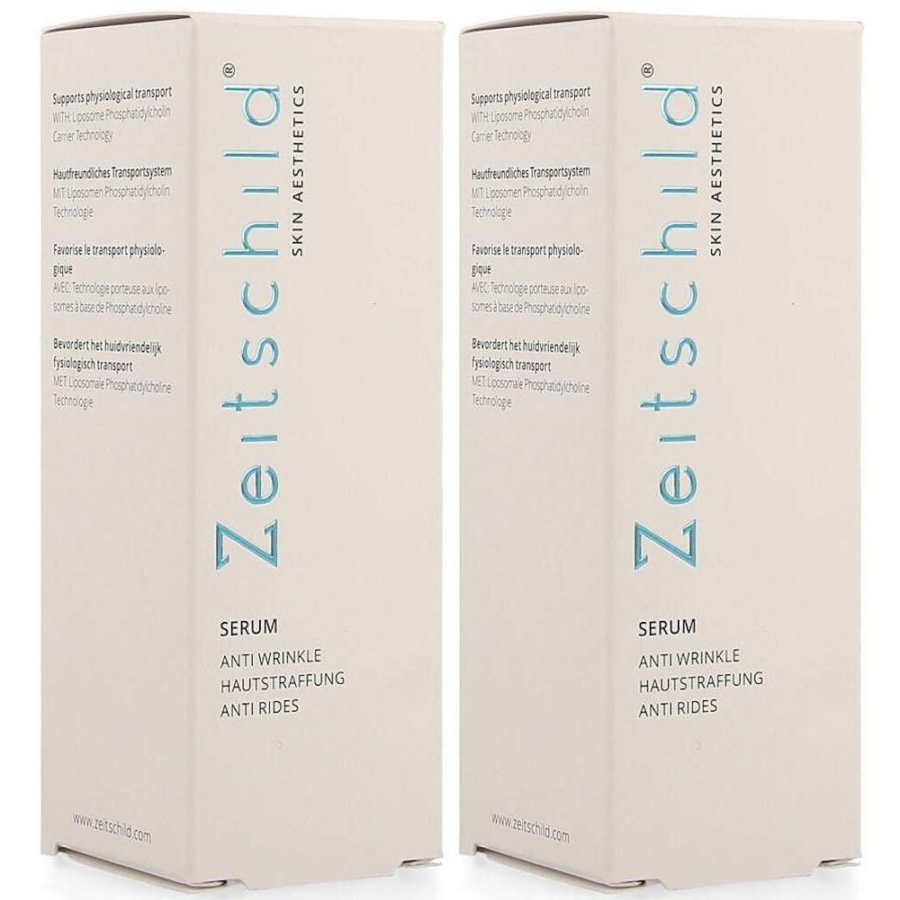 Deux boîtes blanches avec impression du produit. Inscription : Zeitschild Skin Aesthetics Sérum Anti-Rides. Texte turquoise.
