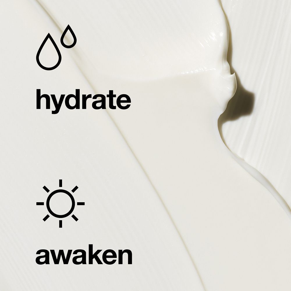 Produit blanc avec symboles goutte et soleil. Texte : hydrate, awaken.