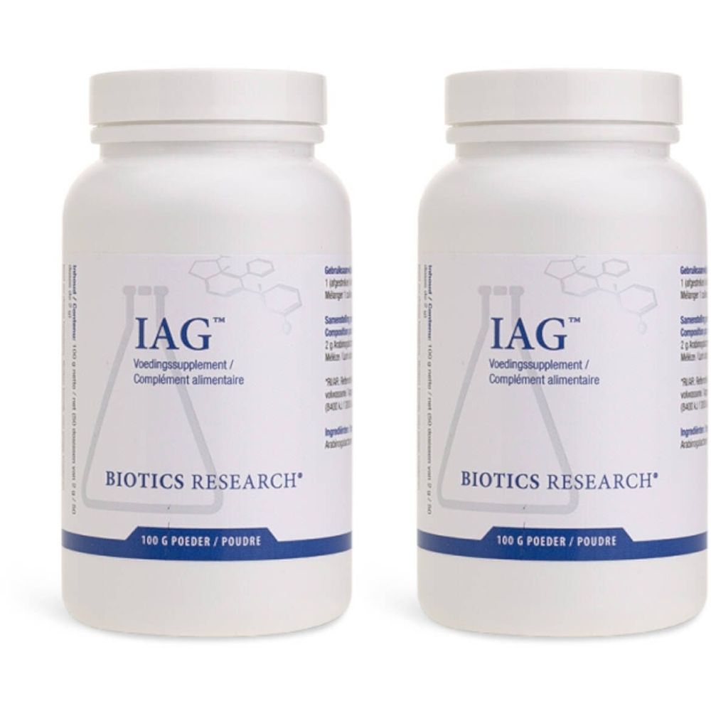 Deux flacons blancs avec "IAG" et "BIOTICS RESEARCH". Texte en allemand, français et néerlandais. 100 g de poudre.