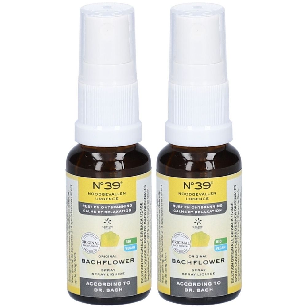 Deux flacons spray avec étiquette jaune. Inscription : N°39, Bachflower Spray. Avec label bio.