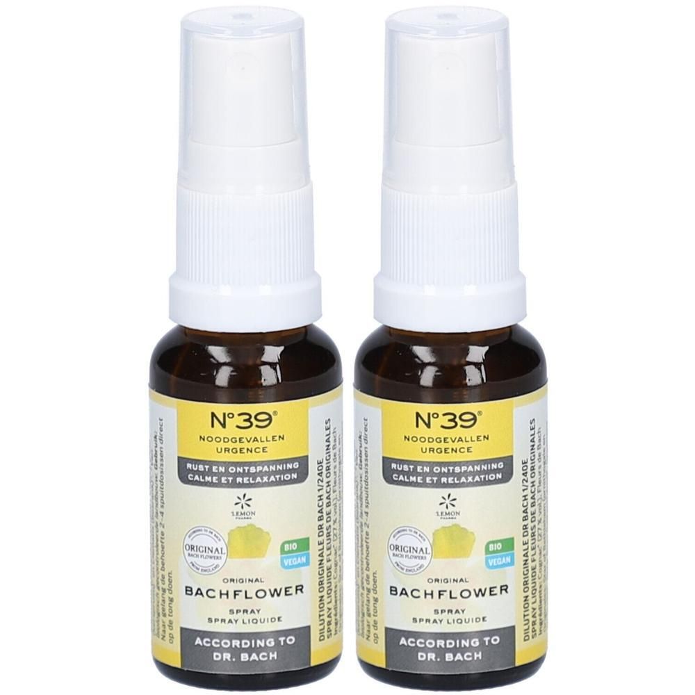 Deux flacons spray avec étiquette jaune. Inscription : N°39, Bachflower Spray. Avec label bio.