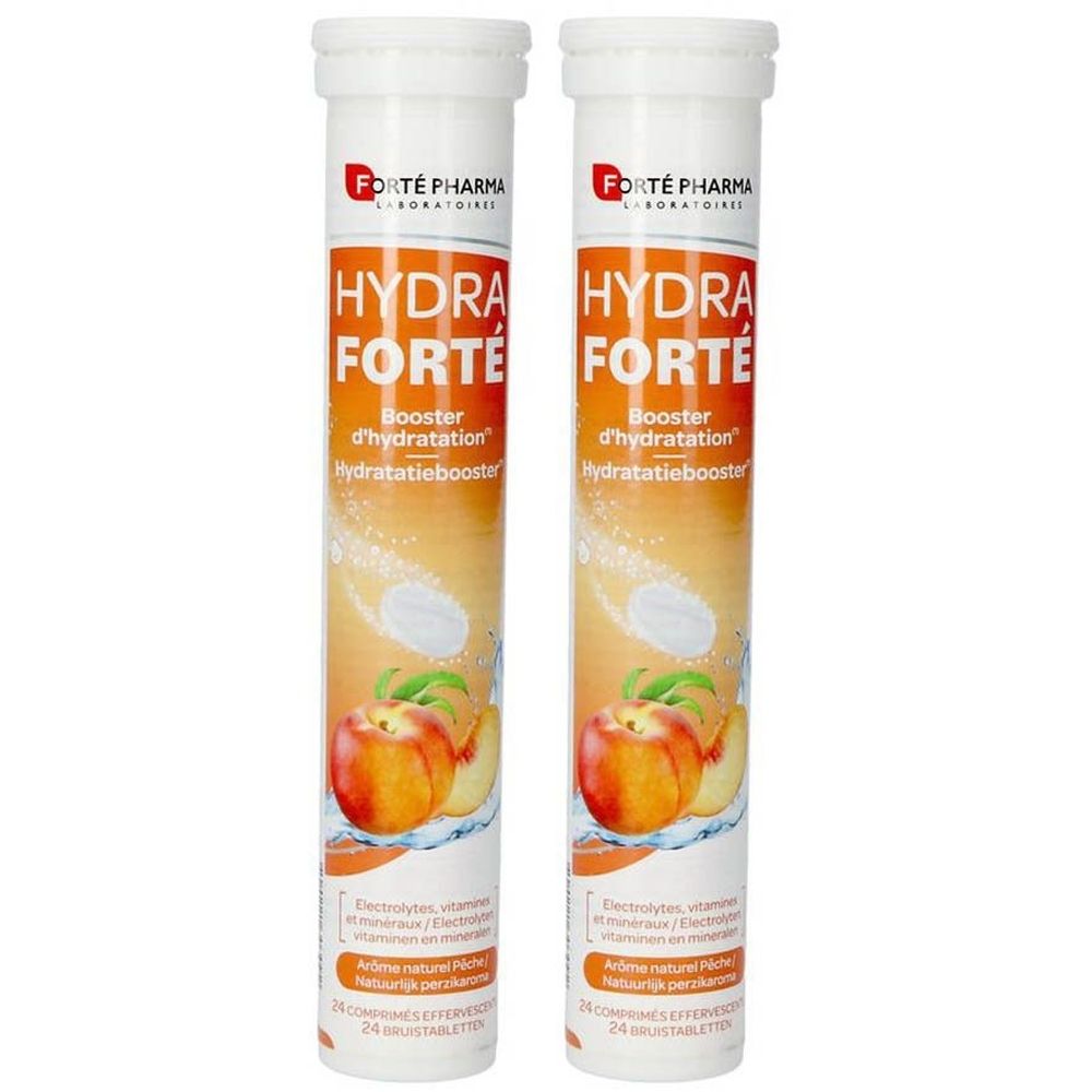 Deux tubes de Forté Pharma Hydra Forté. Inscription Hydra Forté, illustration de pêche. Contient des comprimés effervescents.