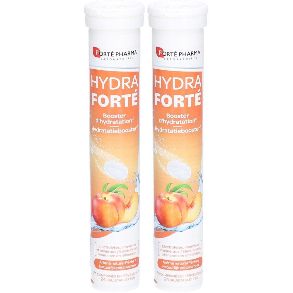Deux tubes de Forté Pharma Hydra Forté. Inscription Hydra Forté, illustration de pêche. Contient des comprimés effervescents.