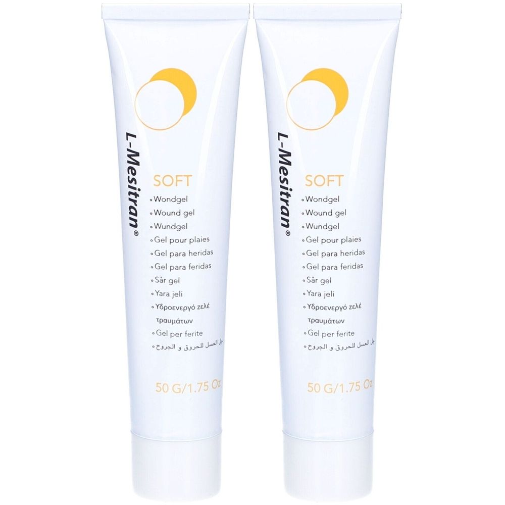 Deux tubes de L-Mesitran Soft Gel. Tubes blancs avec cercles jaunes et désignations de produits. 50g.