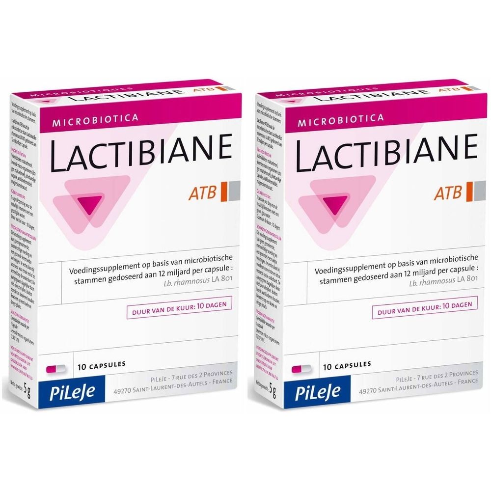 Deux boîtes rectangulaires, rose et blanche. Inscription: LACTIBIANE ATB, 10 capsules. Marque Pileje.