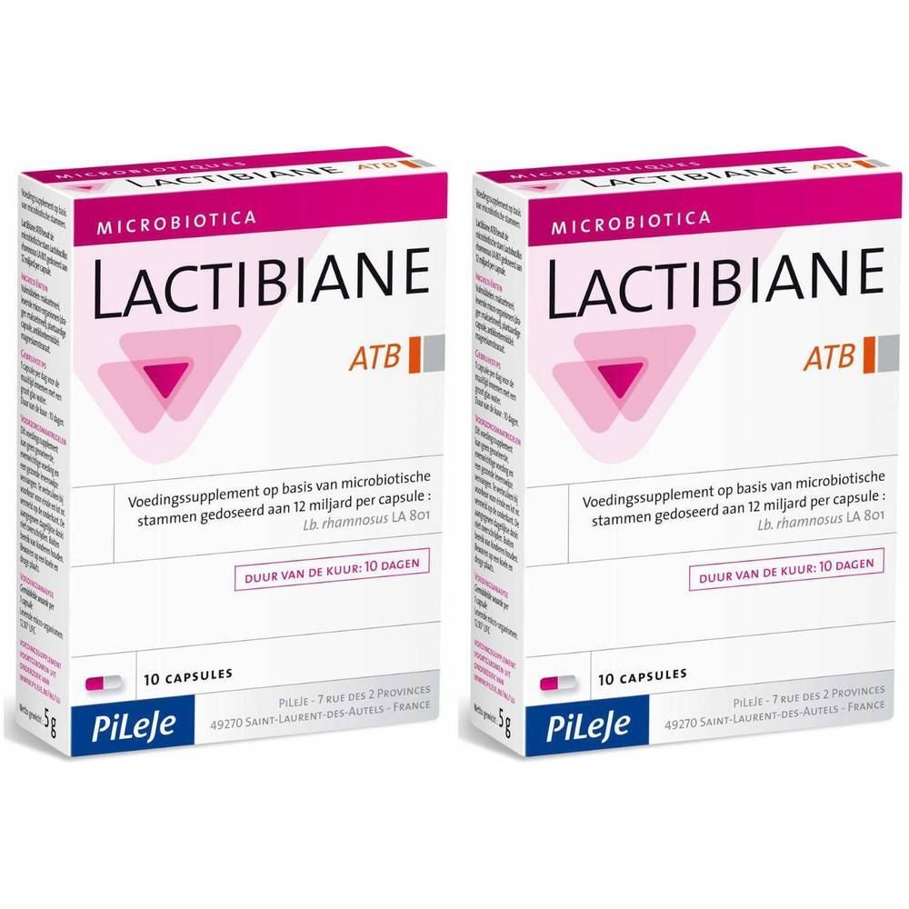 Deux boîtes rectangulaires, rose et blanche. Inscription: LACTIBIANE ATB, 10 capsules. Marque Pileje.