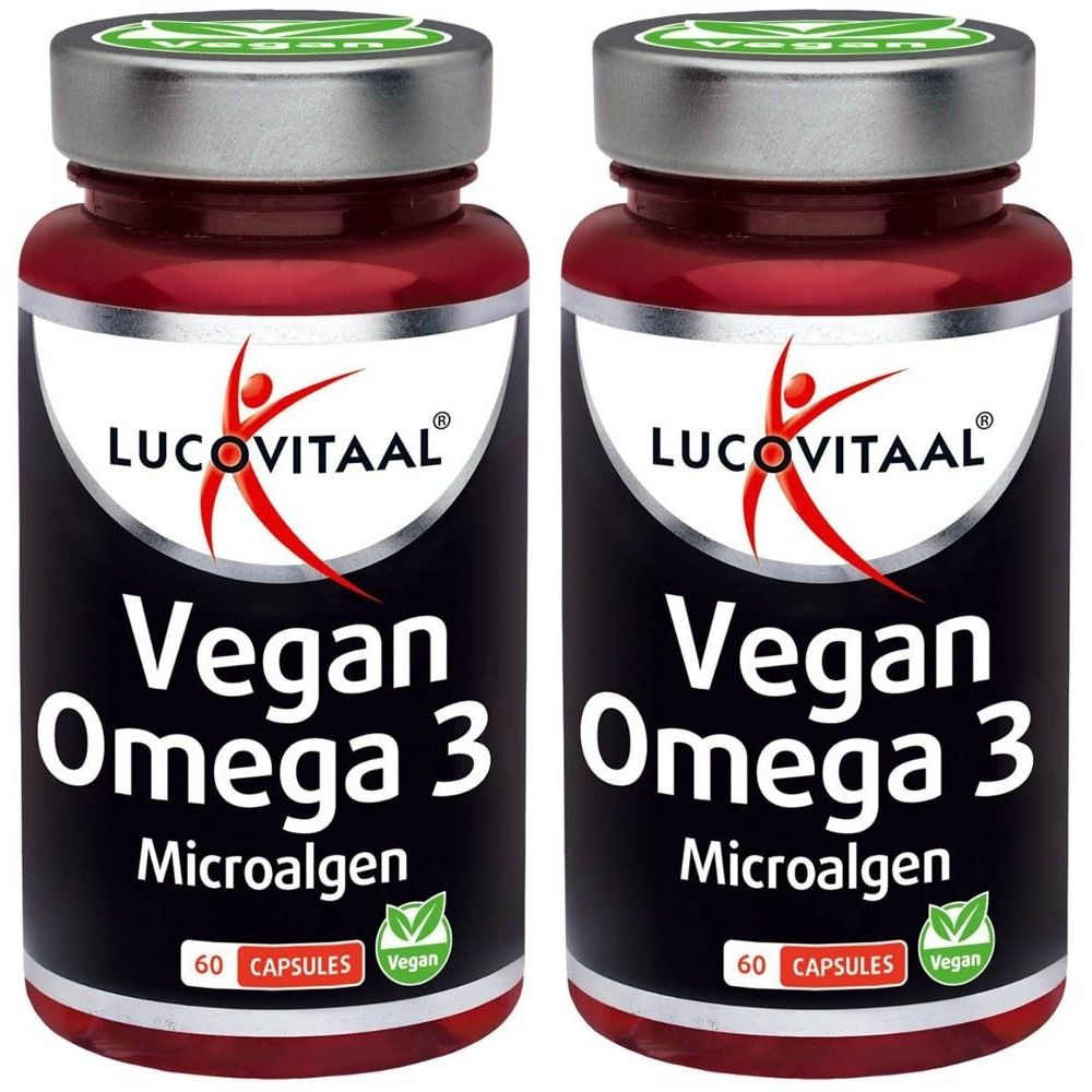 Deux flacons de Lucovitaal® Vegan Oméga 3. Gélules brunes dans des flacons en verre. Étiquette noire avec texte blanc. 60 gélules.