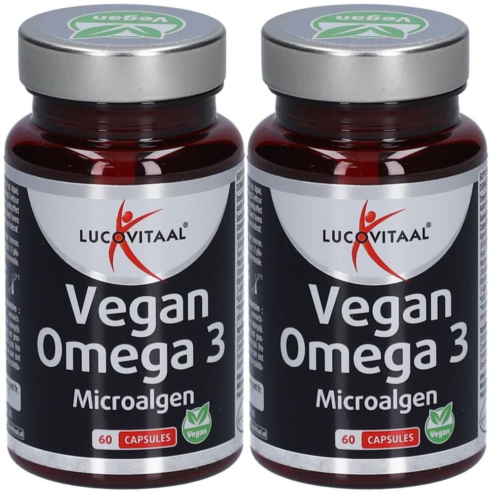 Deux flacons de Lucovitaal® Vegan Oméga 3. Gélules brunes dans des flacons en verre à couvercle argenté. Étiquette noire avec texte blanc.