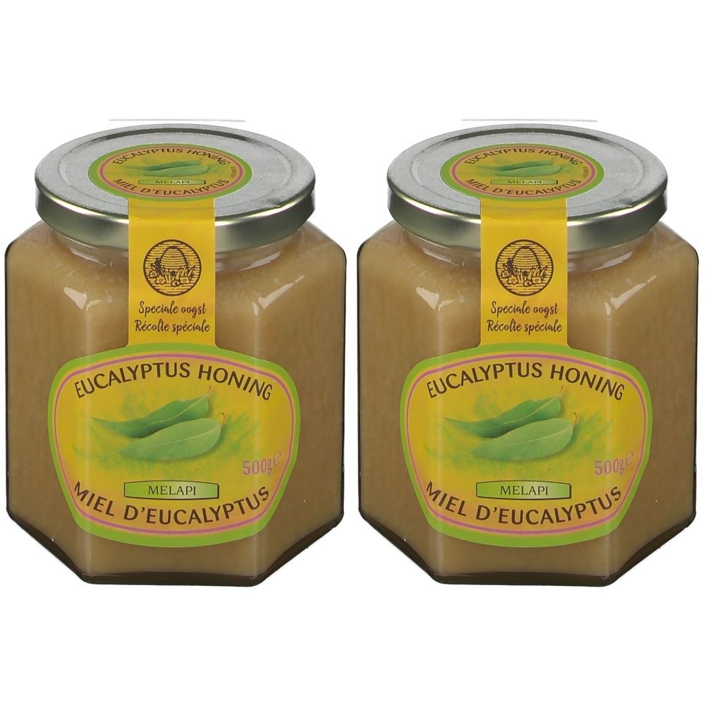 Deux pots de miel avec étiquette. Inscription: Eucalyptus Honing, Miel d'Eucalyptus, MELAPI. Couvercles avec autocollant jaune.