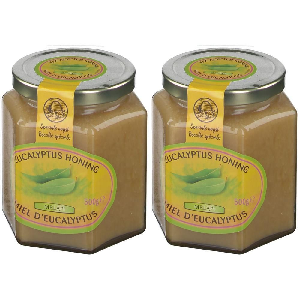 Deux pots de miel avec étiquette. Inscription: Eucalyptus Honing, Miel d'Eucalyptus, MELAPI. Couvercles avec autocollant jaune.