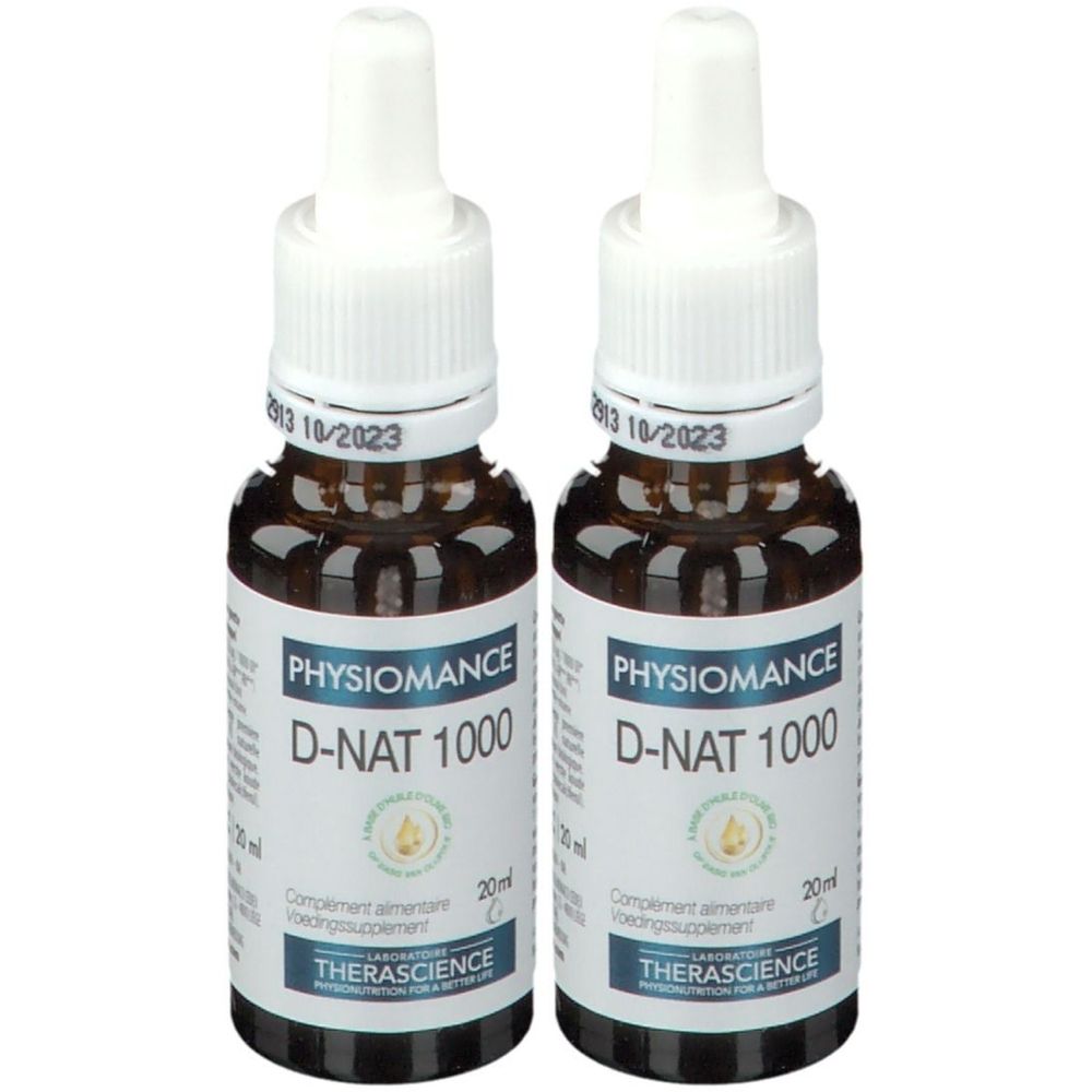 Deux flacons de Physiomance D-NAT 1000. Flacons en verre brun avec bouchon blanc et étiquette. Inscription: D-NAT 1000, Therascience.